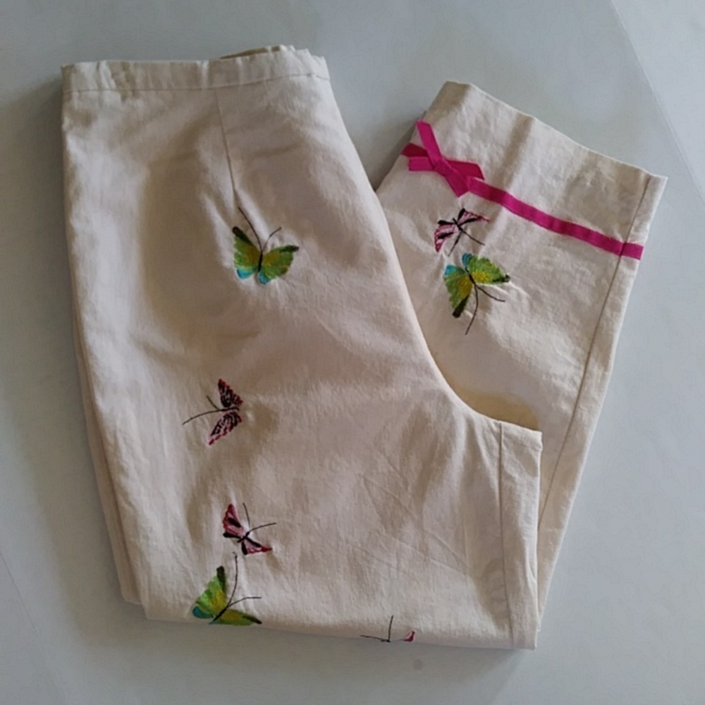 Vtg. A.K.C. Embroidered Butterfly Linen High Rise Carpri Pants L Off White Cream